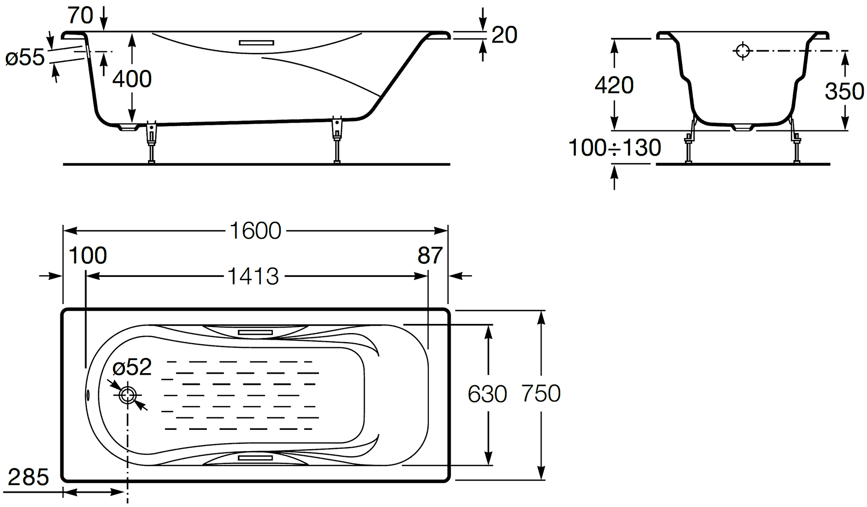 Roca Malibu 2310G000R Ванна чугунная 160x75 с ручками