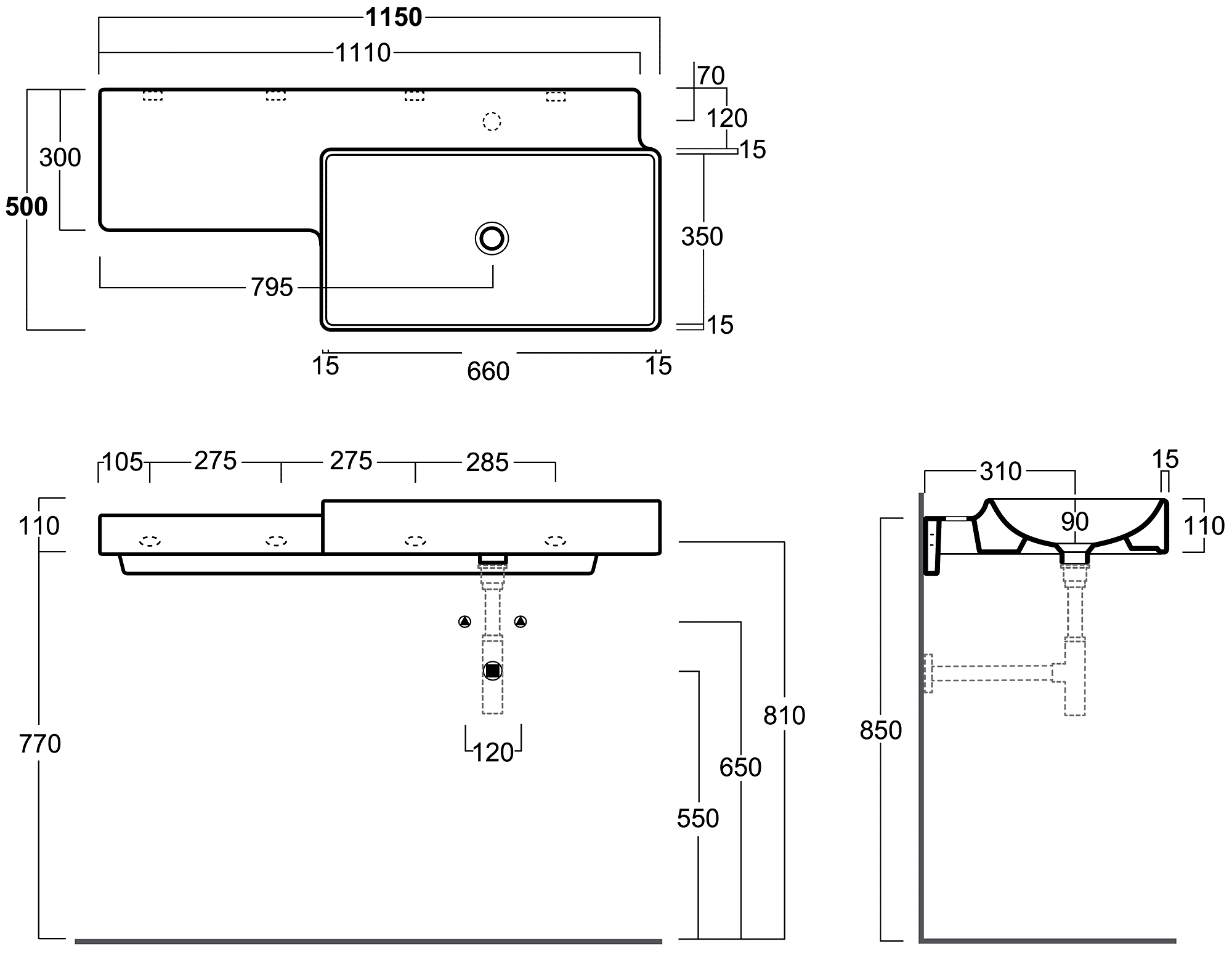 Simas Flow FL03 Раковина 1115х495 (полочка слева)