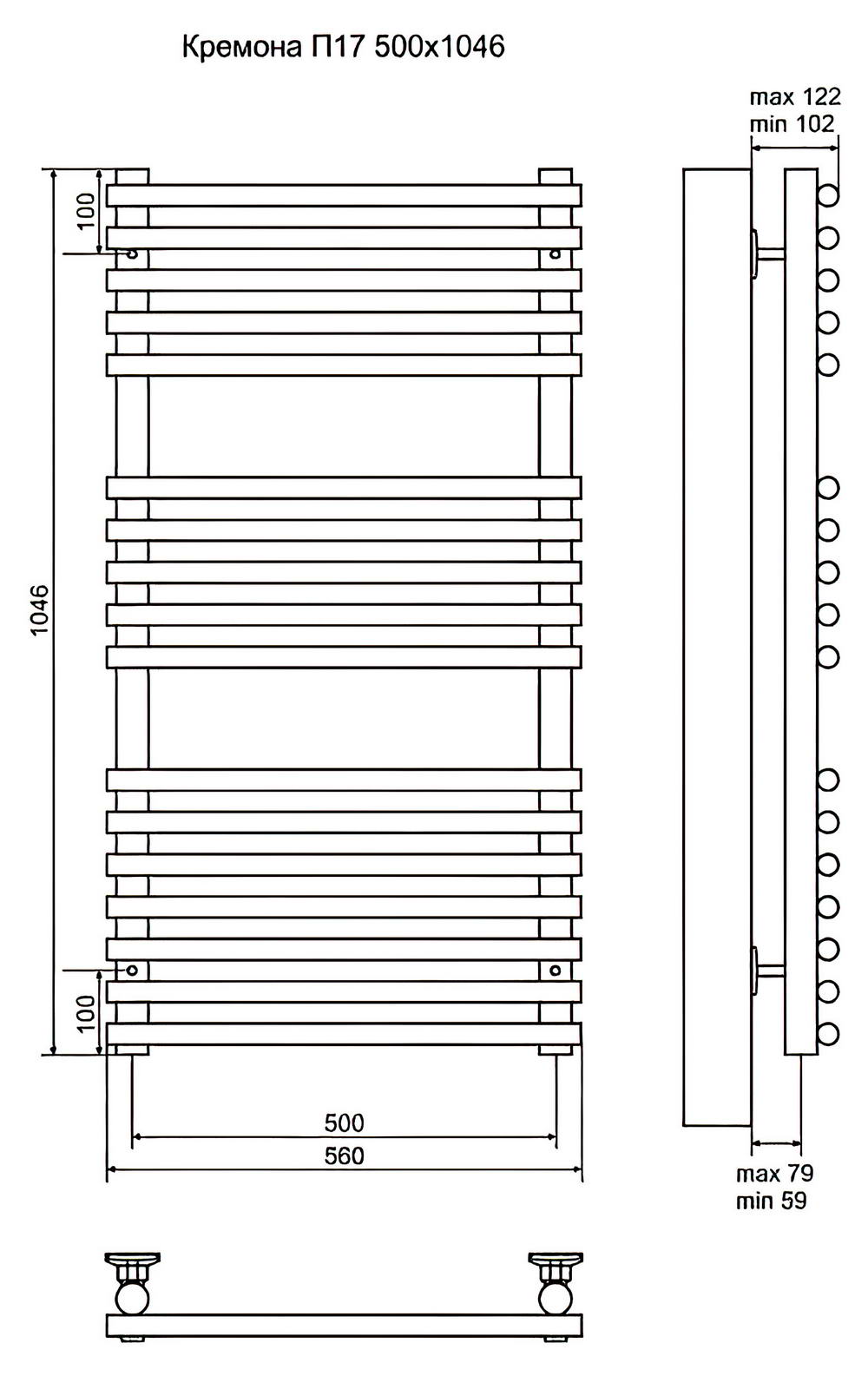 Terminus Кремона П17 Полотенцесушитель электрический 500x1046, ТЭН HT-1 300W (левый/правый)