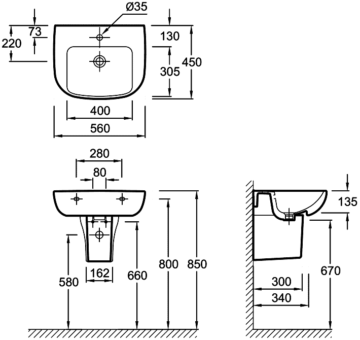 Jacob Delafon Odeon UP E4737-00/18566W-00  Раковина 560x450 с полупьедесталом