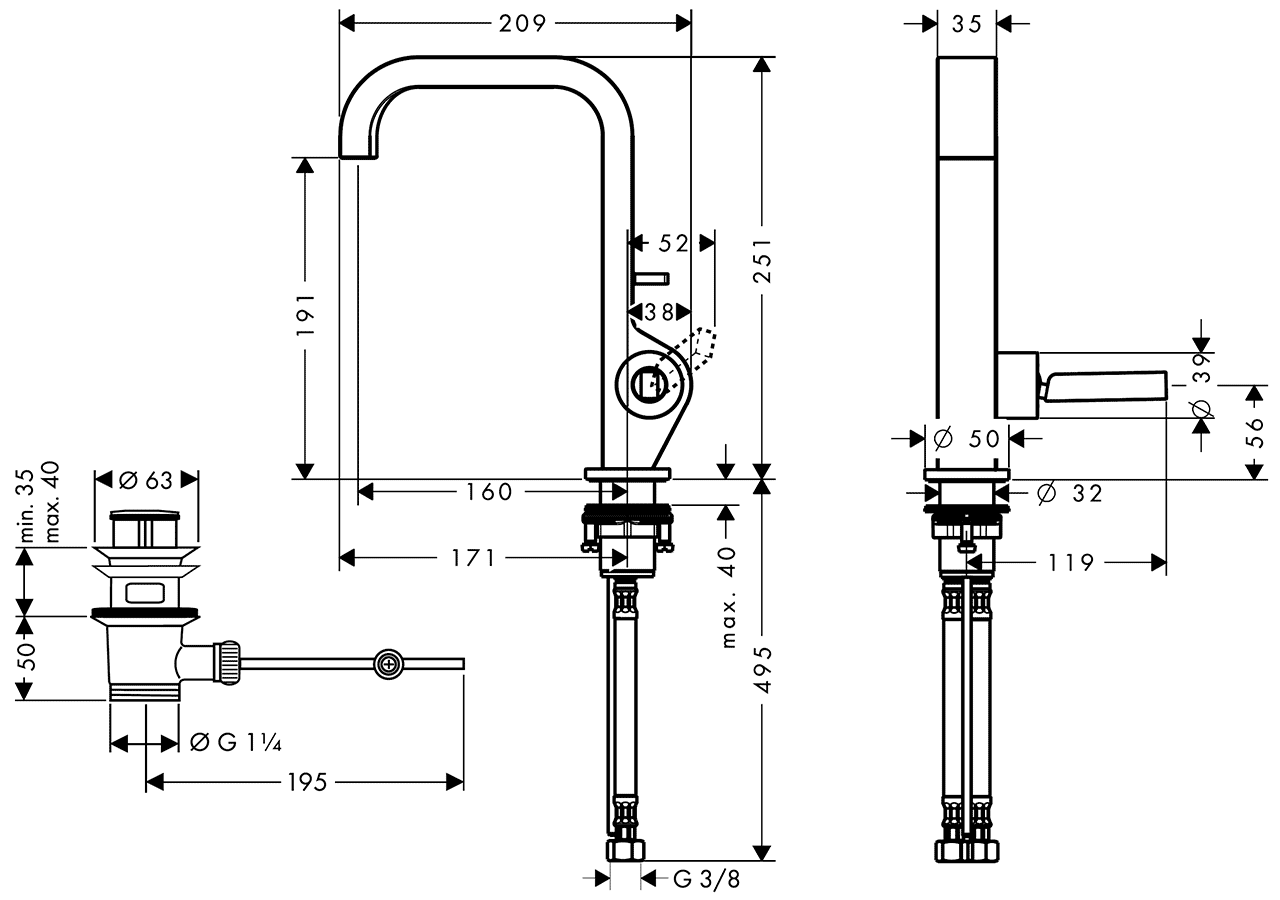 AXOR Citterio 39034 000  Смеситель для раковины с донным клапаном (высокий)