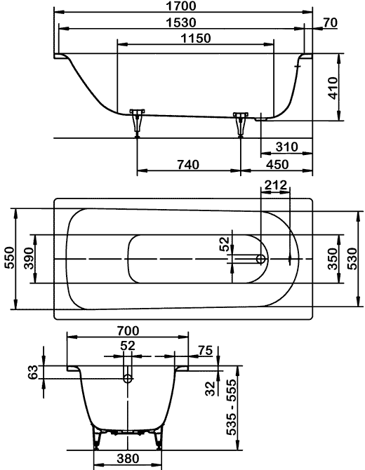 Kaldewei Saniform Plus Mod. 363-1  Ванна стальная 1700х700х410