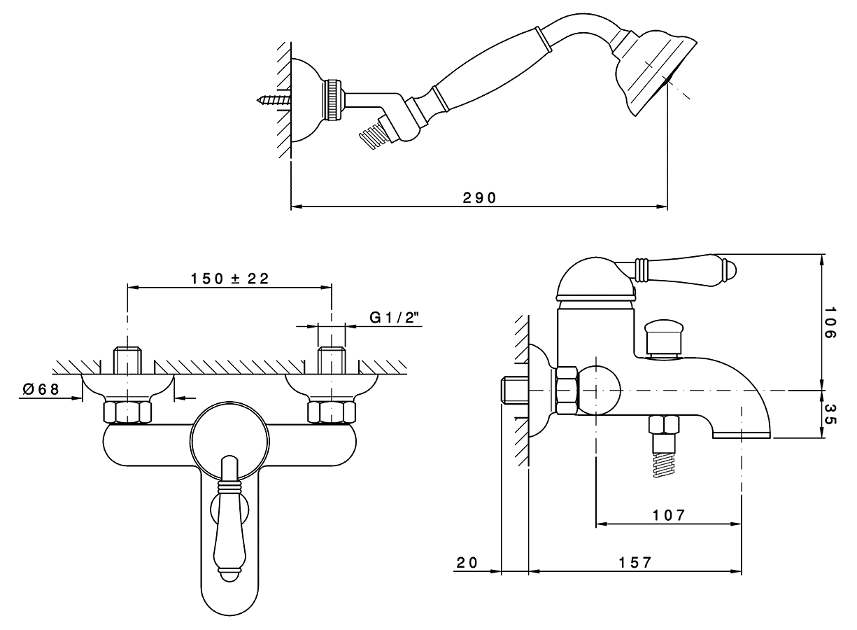 Nicolazzi El Capitan 3401BZ75  Смеситель для ванны с душем (бронза)