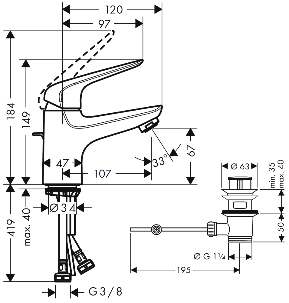 Hansgrohe Novus 71020000 Смеситель для раковины с донным клапаном