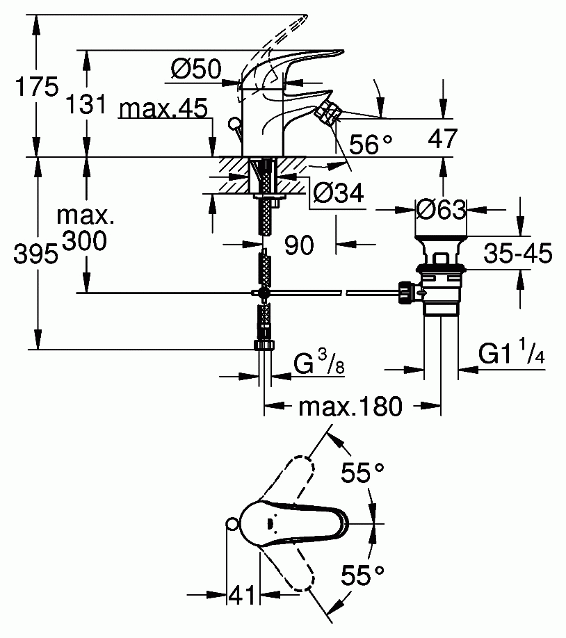 Grohe Euroeco 23263 000 Смеситель для биде с донным клапаном