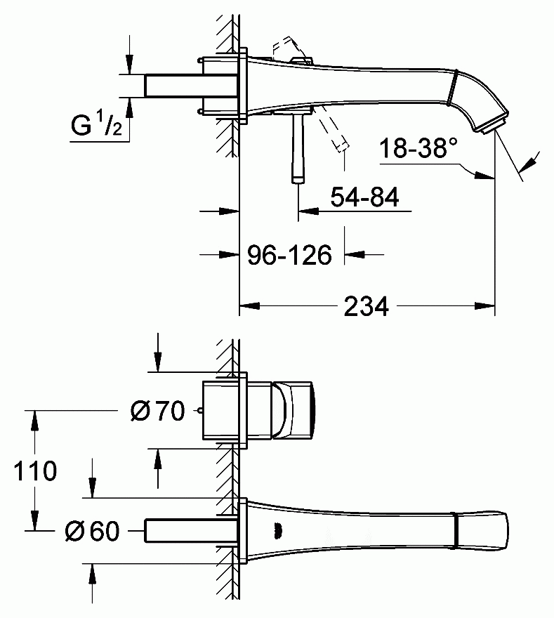 Grohe Grandera 19930 000 Смеситель для раковины настенный вынос излива 234 мм (монтаж с 23319)