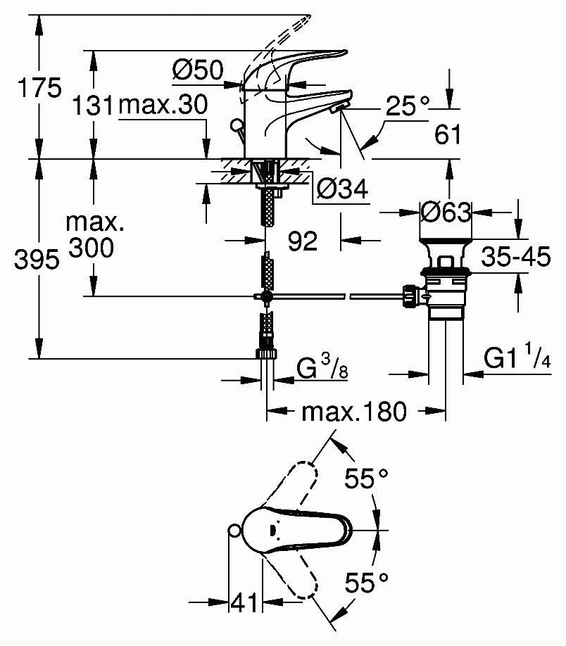 Grohe Euroeco 23262 000 Смеситель для раковины с донным клапаном