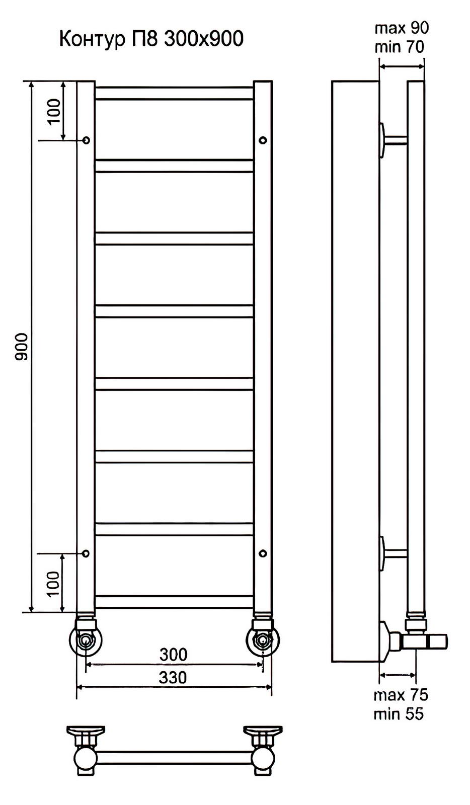 Terminus Контур П8 Полотенцесушитель водяной 300x900