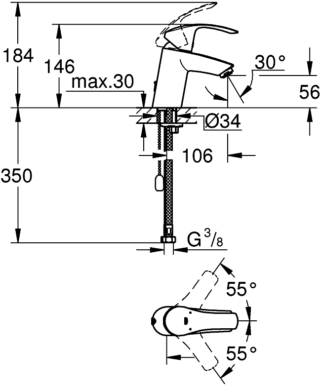 Grohe Eurosmart 33188 002 Смеситель для раковины с цепочкой (S-Size)