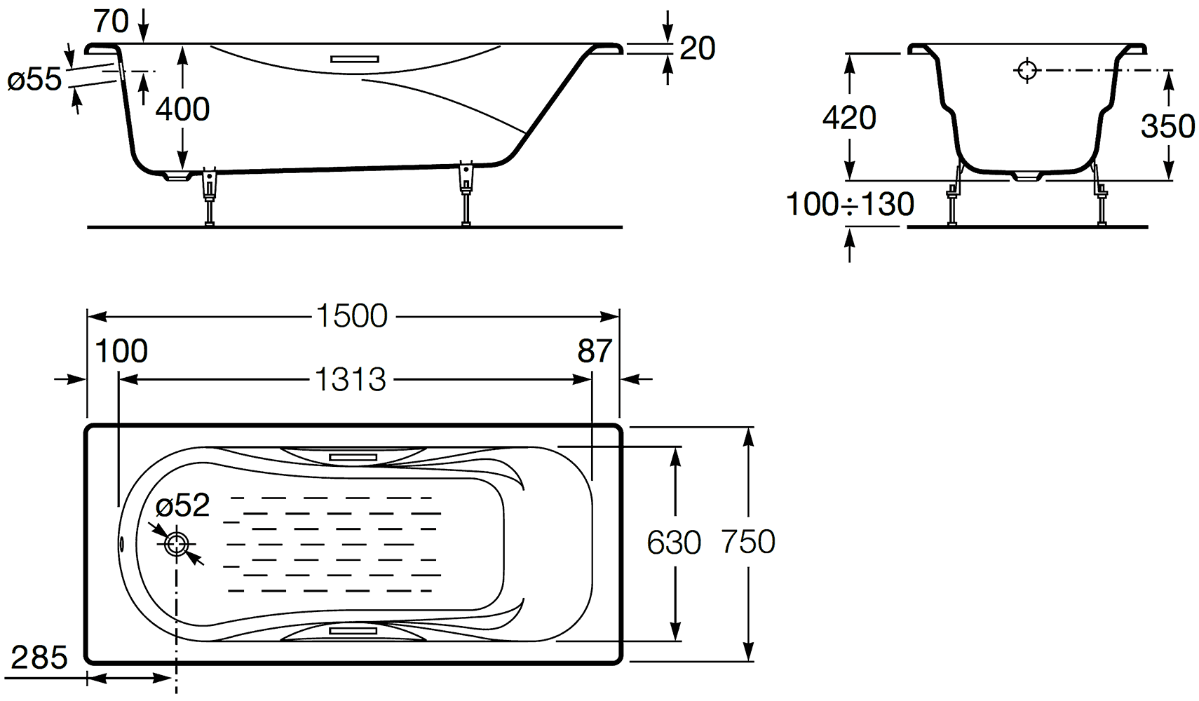 Roca Malibu 2315G000R Ванна чугунная 150x75 с ручками