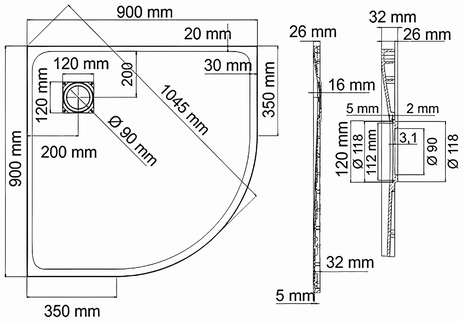 WasserKraft Leine 35T01 Душевой поддон 900x900 1/4 круга