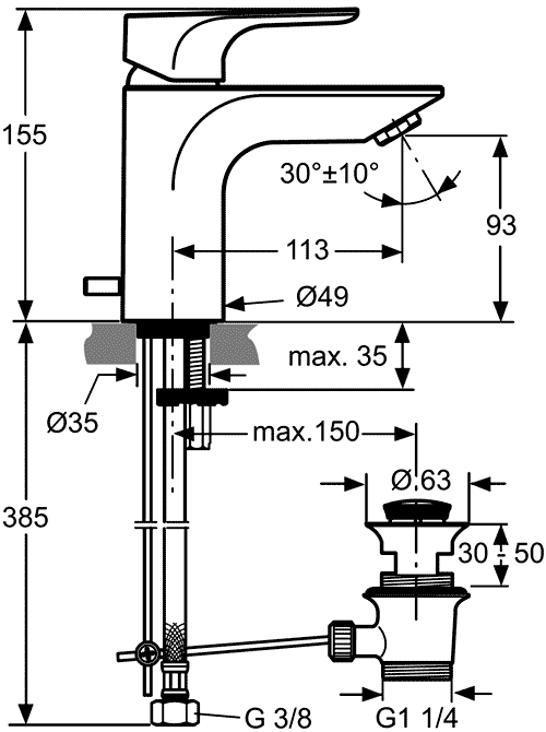 Ideal Standard Strada A5897AA  Смеситель для раковины с донным клапаном