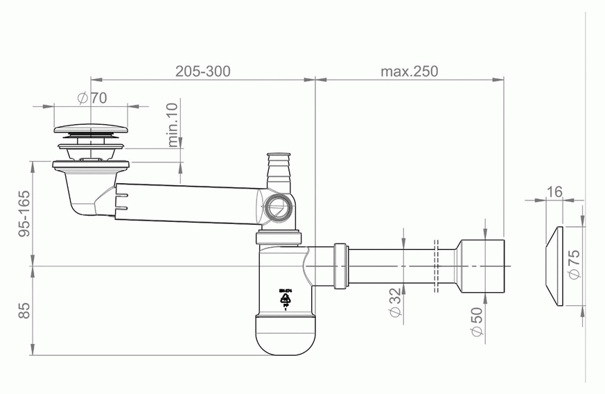 Prevex Preloc PR3-C4N35-001 Сифон для раковины эконом со сливом и отводом