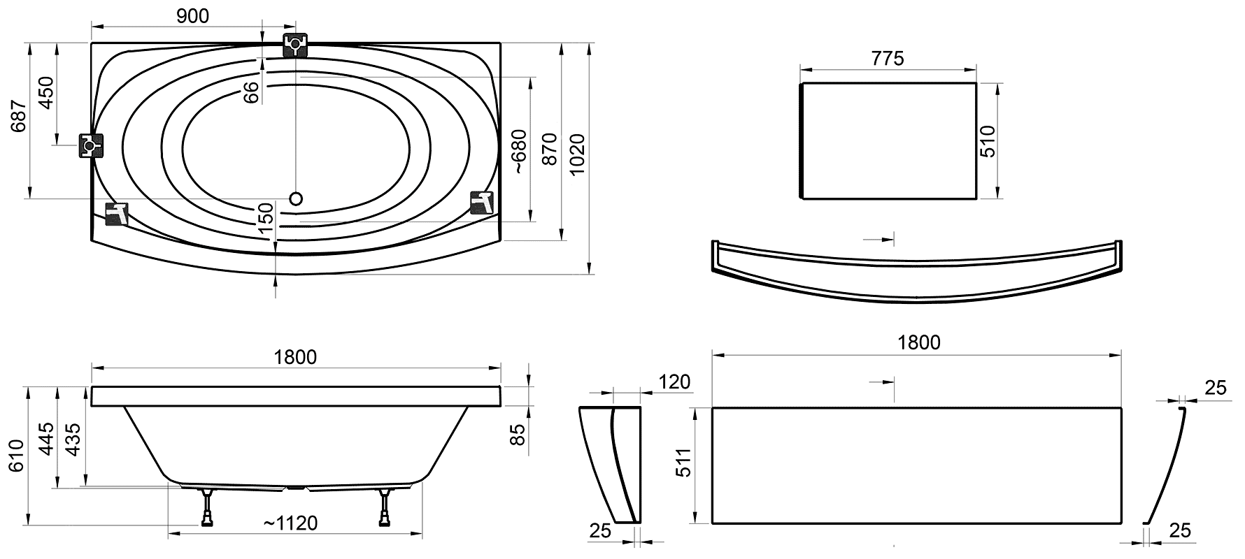 Ravak Evolution C101000000  Ванна акриловая 1800x1020