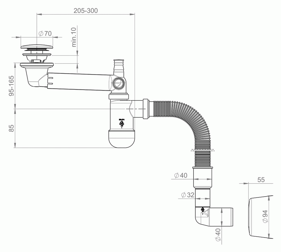 Prevex Preloc PR3-C4NF3-001 Сифон для раковины эконом со сливом и гофротрубой