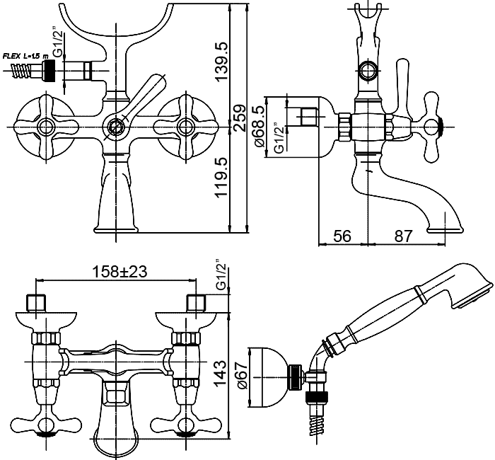 Paini Liberty 17F3105 Смеситель для ванны с душевым комплектом (бронза)