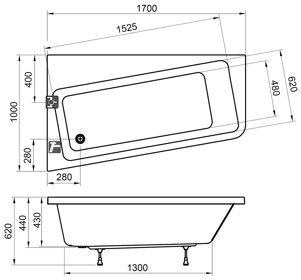 Ravak 10° C811000000 Ванна асимметричная 1700x100 (левая)