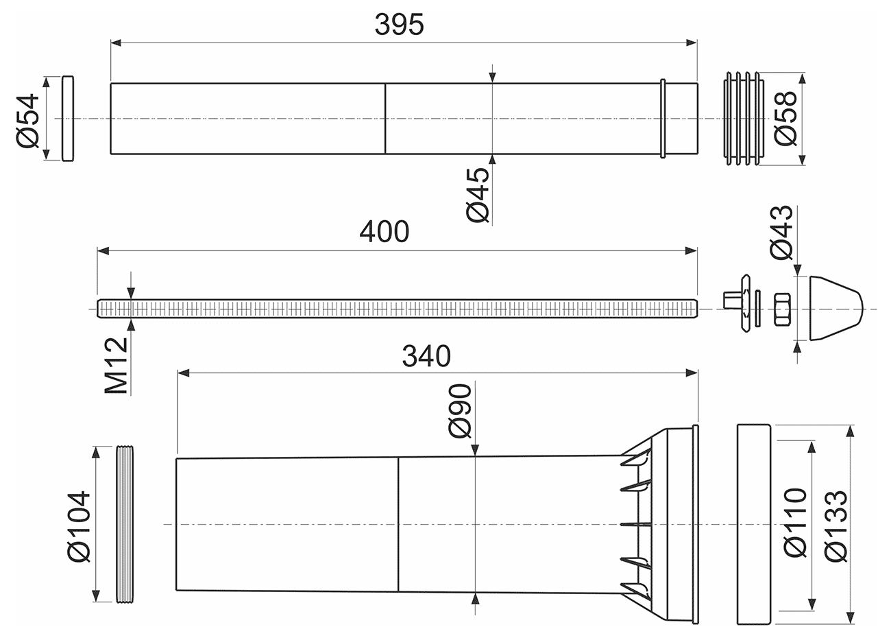 Alcaplast M9000 Комплект патрубков и крепежа для подвесного унитаза (удлинённый)