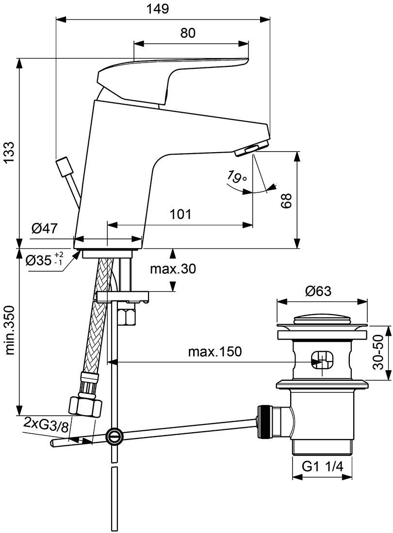 Ideal Standard Ceraflex B1707AA Смеситель для раковины с донным клапаном