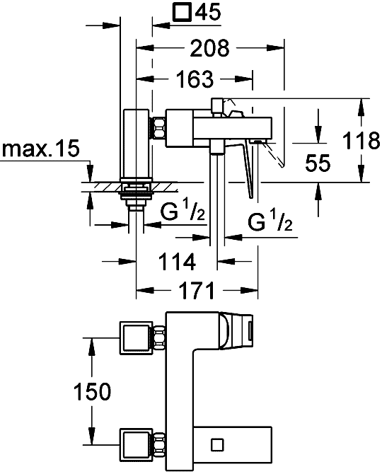 Grohe Eurocube 23143 000 Смеситель для ванны (монтаж на бортик ванны на 2 отверстия)