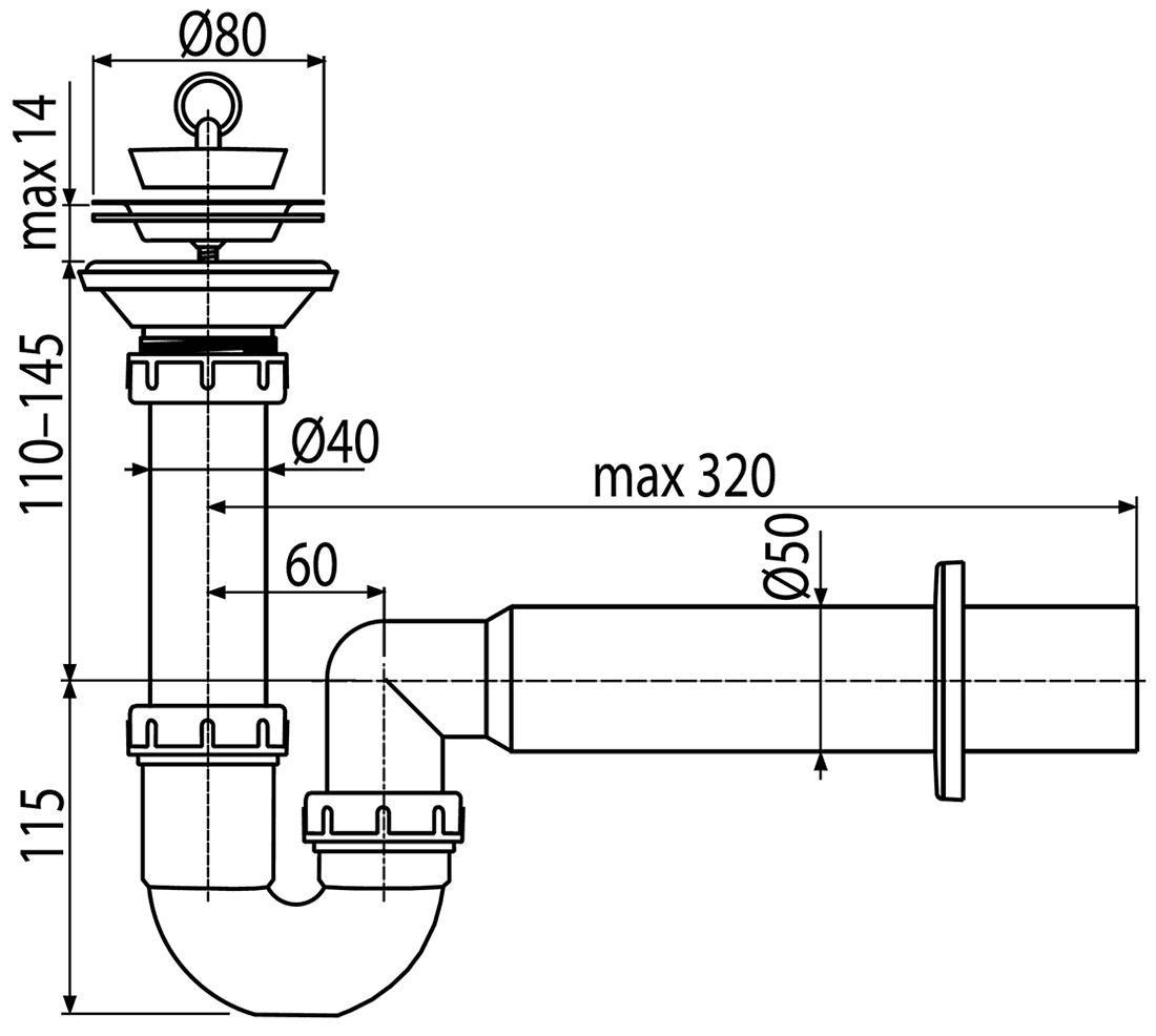 Alcaplast A464-DN50 Сифон Ø80x50 для раковины/мойки