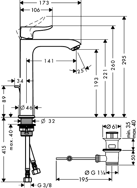 Hansgrohe Metris 31183 000  Смеситель для раковины с донным клапаном (ComfortZone 200)