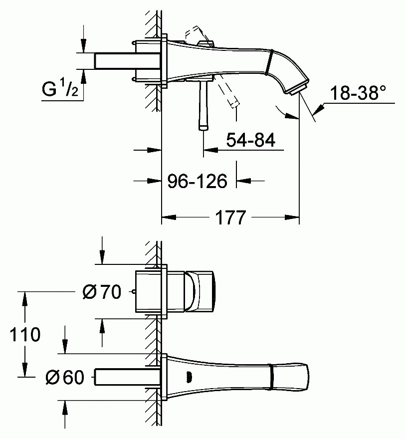 Grohe Grandera 19929 000 Смеситель для раковины настенный вынос излива 177 мм (монтаж с 23319)