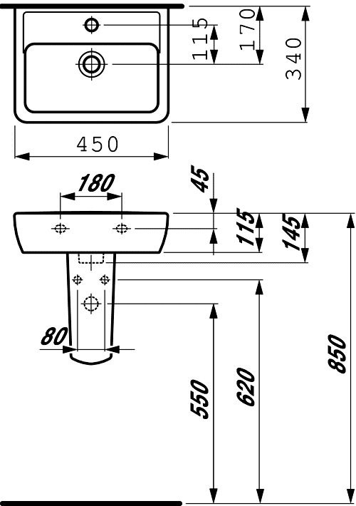 Laufen PRO 8.1195.1.104/8.1995.2  Раковина 450х340 с полупьедесталом