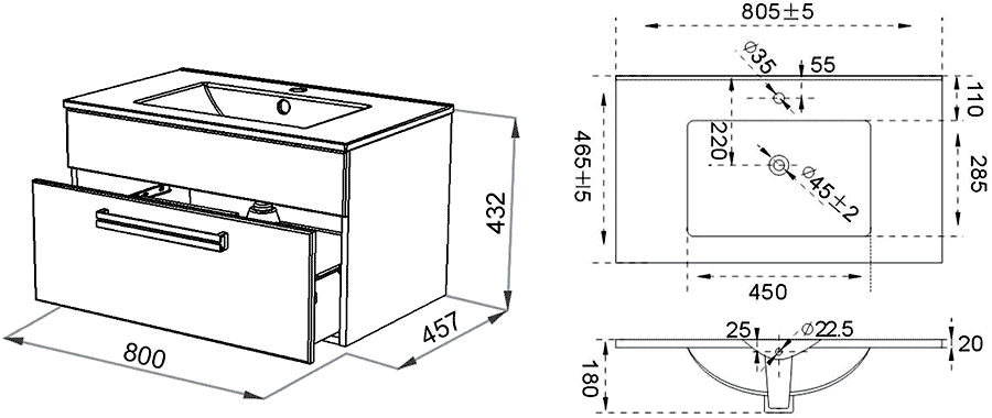 Triton Ника-80  Тумбочка подвесная с раковиной 800x432x457 (чёрный)