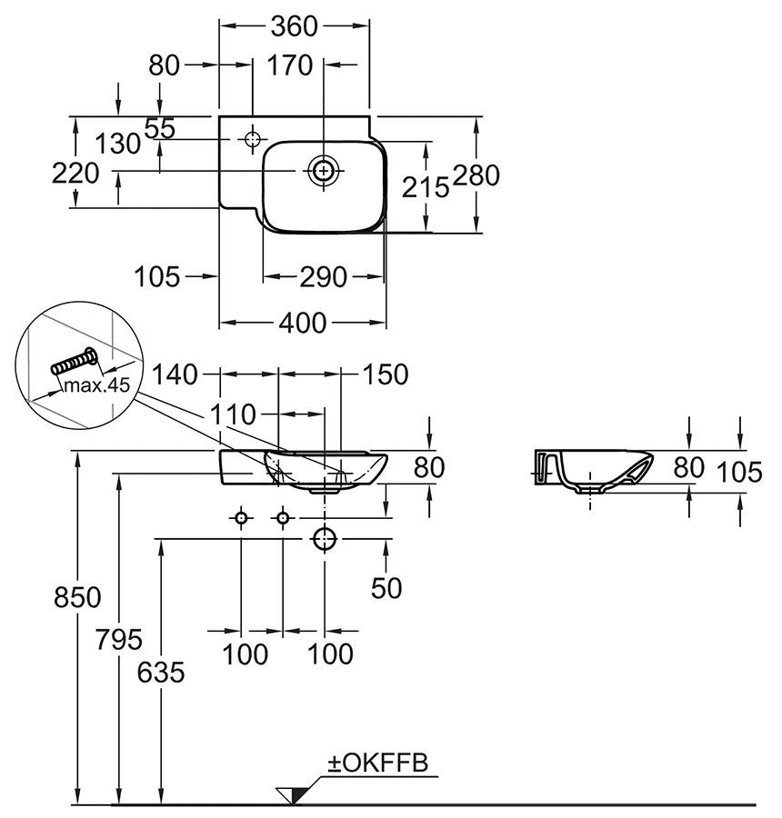 Geberit myDay 125440600 Раковина 400x280 KeraTect (раковина справа)