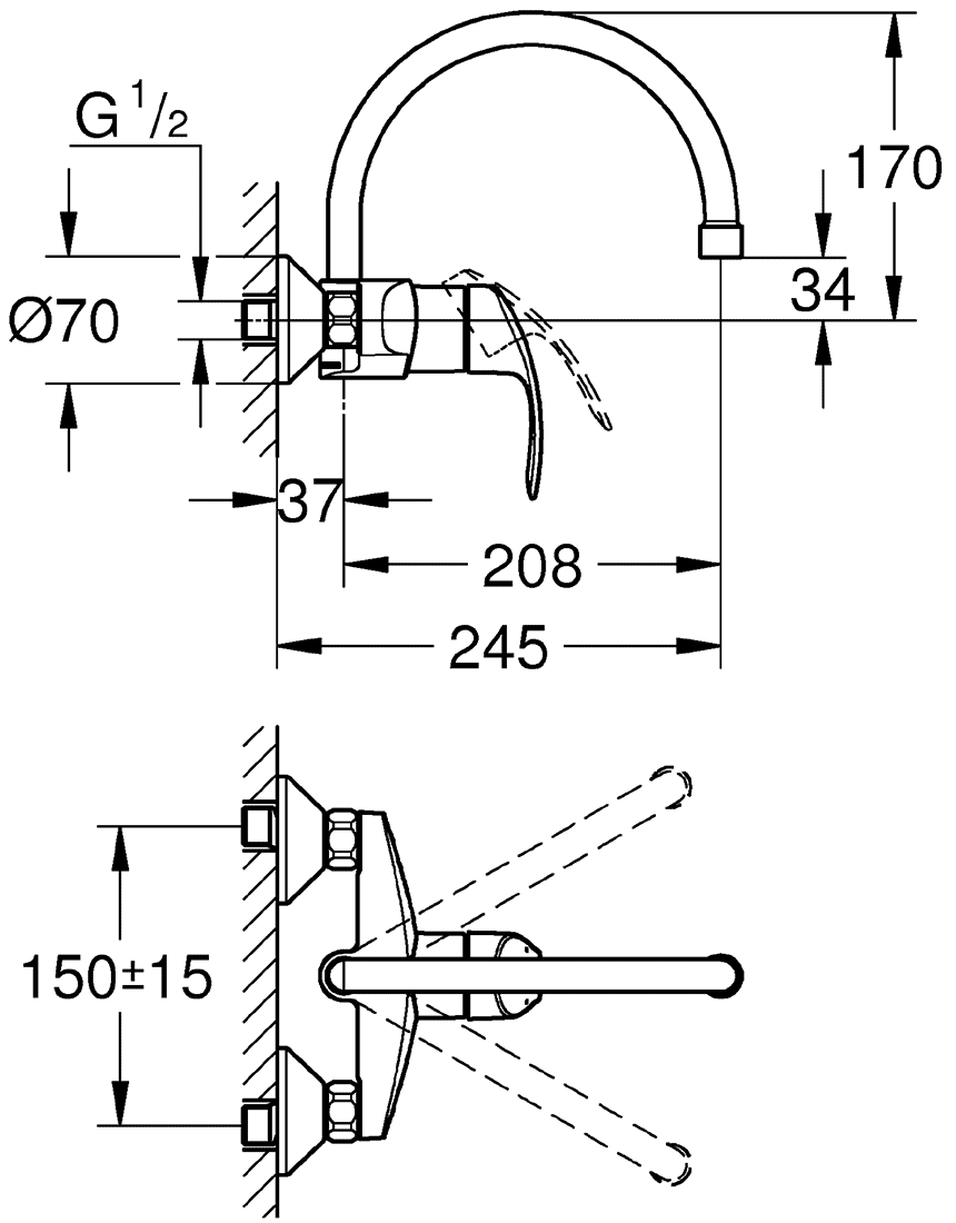 Grohe Eurosmart 32482 002 Смеситель кухонный настенный (верхний излив)