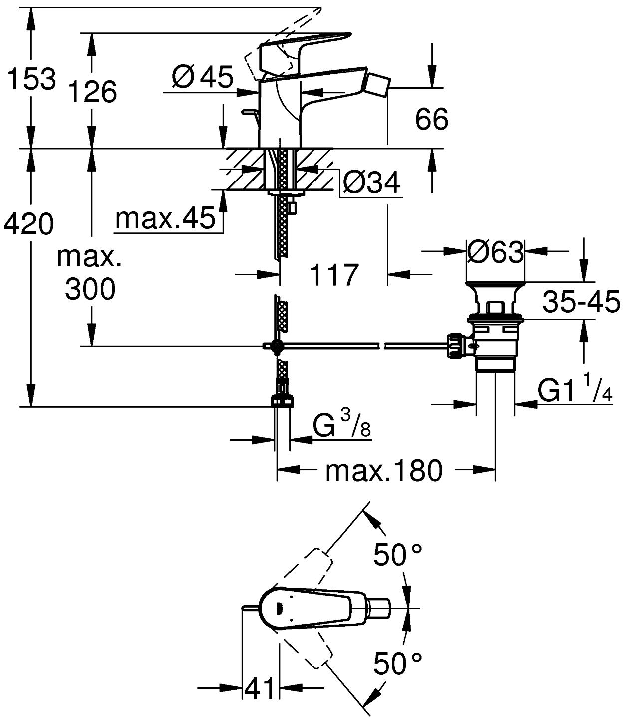 Grohe BauEdge 23331 001 Смеситель для биде с донным клапаном