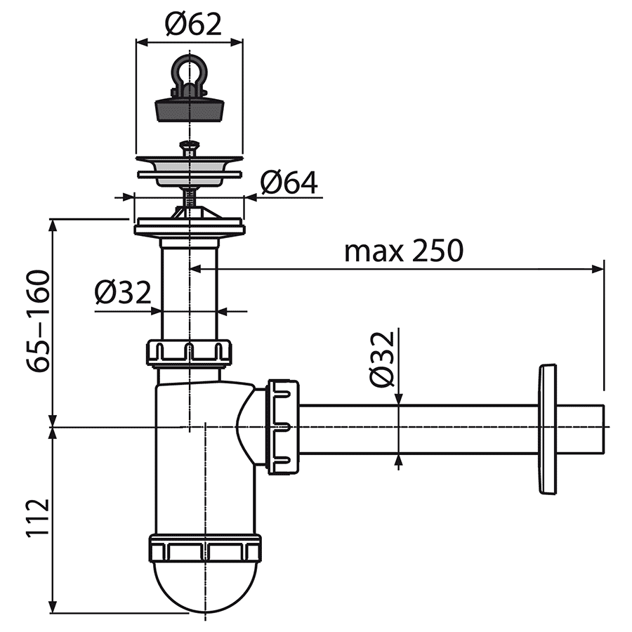 Alcaplast A410 Сифон Ø63x32 для раковины со сливом и отводом