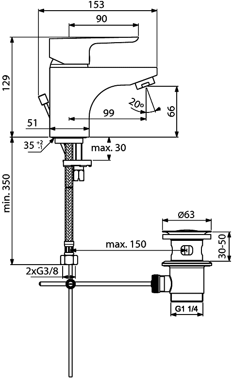 Ideal Standard CeraPlan III B0700AA  Смеситель для раковины с донным клапаном